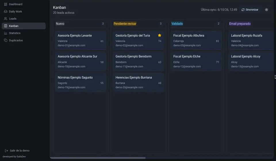 GallaDev Workspace kanban board with lead status columns