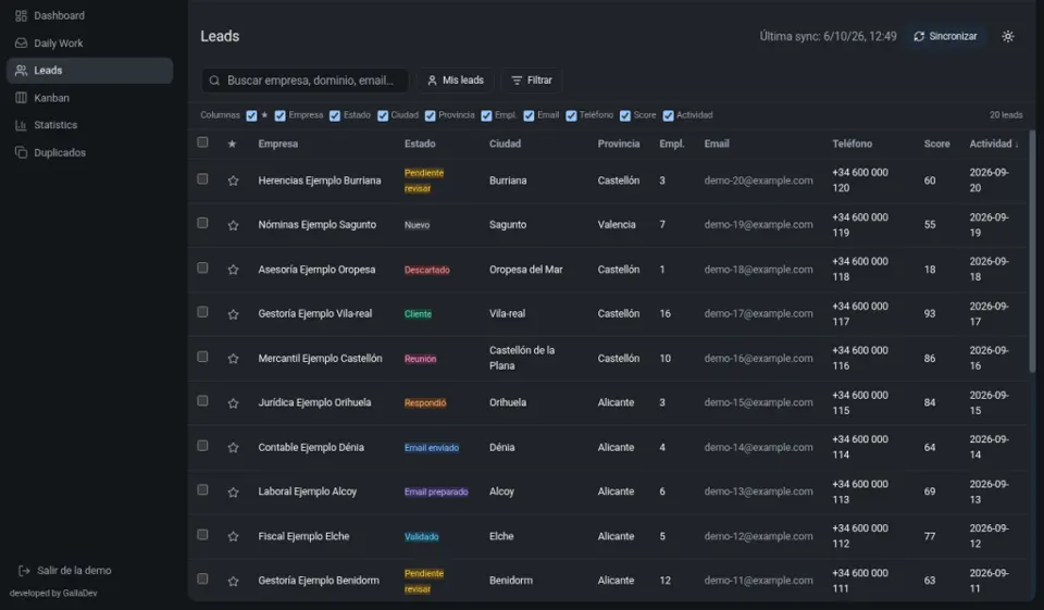GallaDev Workspace leads list with statuses and company data